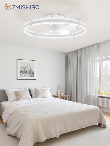 ZMISHIBO 24 Inch Ceiling Fans with Lights and Remote, Modern Low Profile Ceiling Fan, 3000-6000K Dimmable Flush Mount LED Fan Light, 6 Wind Speeds, Fandelier Ceiling Fans for Bedroom- White - color: White, size: 24 INCH