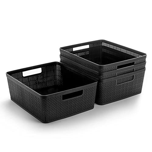 BINO | Woven Plastic Basket | Medium (Black), 4-Pack | THE JUTE COLLECTION | Home Organization, Space - Saving Storage, Stylish Design | Jute Basket | Plastic Storage Basket - color: Black, size: 4PK- M