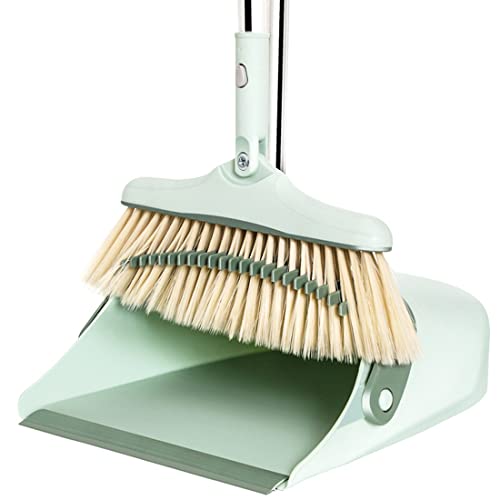 Broom and Dustpan Set for Home, Long Handle Dust Pan and Broom Combo for Indoor Outdoor Heavy Duty Dustpan Set for Kitchen Lobby Office Upright Standing Dustpan with Teeth (Green) - color: Green