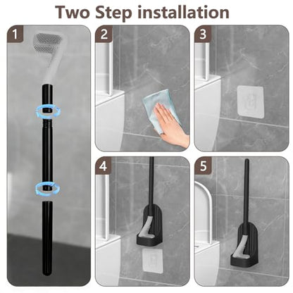 Toilet Brush and Holder Set, Silicone Toilet Brush, Golf Head Design, Long Handle, 360° Deep Cleaning, Wall Mounted with Removable Anti-Leakage Base for Bathroom Toilet Cleaning(Black) - color: Black