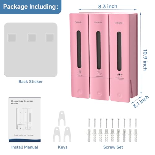 1984 Shower Soap Dispenser Bathroom Set Shampoo Conditioner Body Wash Dispenser Wall Mounted Shower Shampoo Dispenser 3 Chamber No Drill for Home Star Hotel 3 x 400ml Pink - color: Pink 3 Chamber
