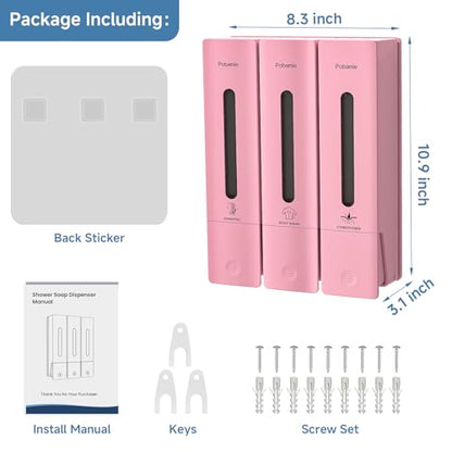 1984 Shower Soap Dispenser Bathroom Set Shampoo Conditioner Body Wash Dispenser Wall Mounted Shower Shampoo Dispenser 3 Chamber No Drill for Home Star Hotel 3 x 400ml Pink - color: Pink 3 Chamber