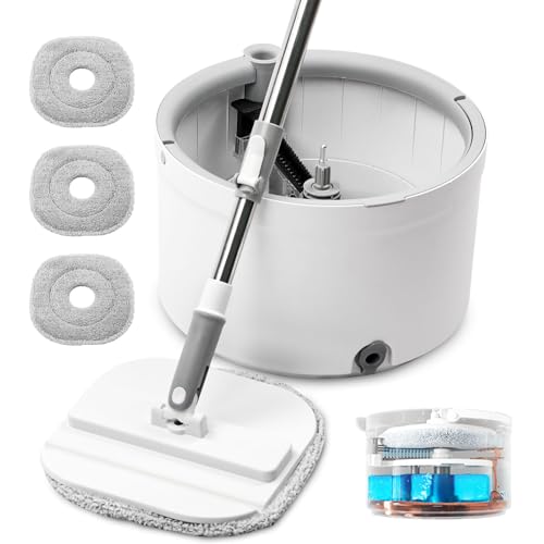 Spin Mop and Bucket with Wringer Set, 360° Spinning Mop Bucket with Separate Dirty and Clean Water System with 3 Microfiber Mop Pads and 52" Stainless Steel Adjustable Handle for Floor Wall Cleaning - color: White-2