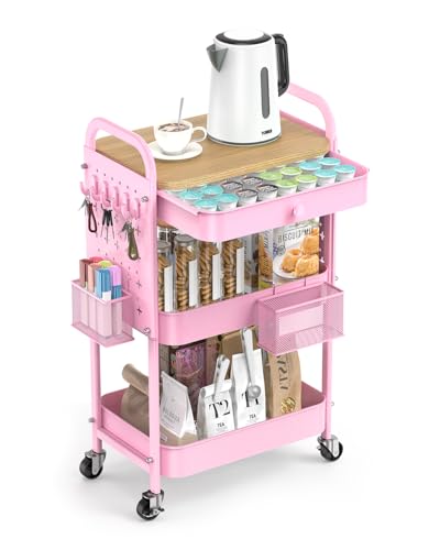 ALVOROG Rolling Cart with Drawer and Wood Table Top, 3 Tier Metal Rolling Utility Cart on Wheels with DIY Pegboards, Hanging Baskets,Hooks for Kitchen, Bedroom, Office, Craft Supplies - color: Cherry Blossom Pink