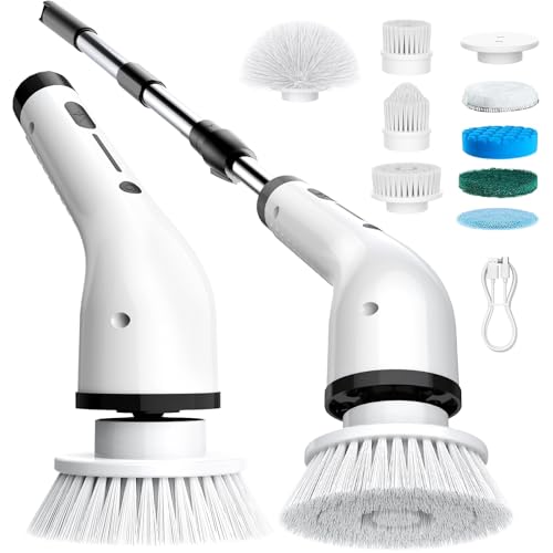 Electric Spin Scrubber, 3-Speed Cordless Cleaning Brush with 8 Brush Heads & Base, Adjustable Long Handle, Digital Display, 2500mAh Fast Charging, for Bathroom, Tub, Tile, Floor（White - color: Standard,white