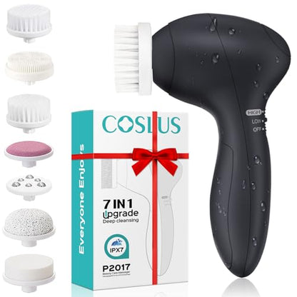 COSLUS Facial Cleansing Brush Silicone Face Scrubber: 7 in 1 FBS-D Electric Exfoliating Rotating Massage Device Waterproof Deep Cleaning Exfoliation Spa Machine - Electronic Skin Care Wash System - color: Black, size: With 7 brush heads