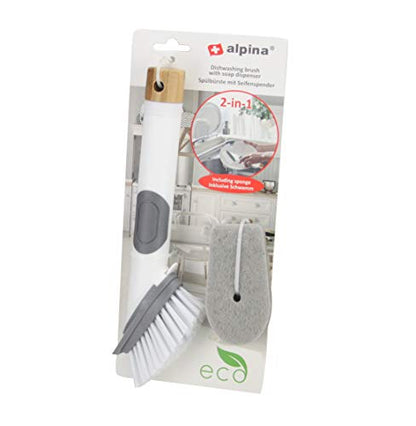 Soap Dispensing Dish Brush 2 In 1 Sponge And Bristle Brush Kitchen Brush For Dishes Pot Pan Sink Cleaning Dish Scrubber Brush With Built In Soap Liquid Dispenser, Long Handle, White