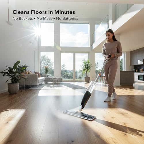 OVENTE Microfiber Spray Mop for Floor Cleaning with Refillable Bottle, Washable and Reusable Pad, 360° Spin Flat Cordless Wet Scrubber for Hardwood, Ceramic, Laminate and Vinyl Tiles, Black CTM121BGD