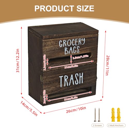 2 in 1 Trash Bag Dispenser, Double Wall Mounted,Wood Trash Bag Holder, used in kitchen, garage, laundry room, can store Environmentally friendly food bags and garbage bags(Dark Wood - color: Dark Wood/Large(10inch*5.5inch*12.2inch)