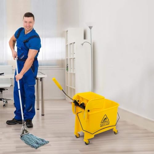 Industrial Mop Bucket with Wringer, Basics Side Press 5.28 Gallon Commercial Mop Bucket with Wheels Yellow Color Combo Bucket for Home Cleaning (Yellow)