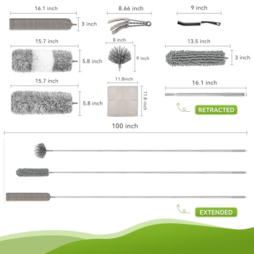 15-Piece Microfiber Feather Duster Set with Extension Pole (16.1" to 100"), Bendable Flat Duster for Under Appliances, Cobweb & Ceiling Fan Duster for Cobweb, Ceiling Fan, Blind, Furniture - color: 15-piece Set With Flat Gap Cleaner*2+chenille Head*2