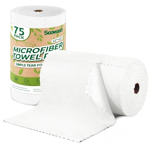 Microfiber Cleaning Cloths Roll, 75 Pack Tear Away Microfiber Towels Roll, 12" x 12" Lint Free Rags, Reusable Cleaning Cloths, Washable, Scratch Free,Ultra Absorbent Dish Rags(White) - color: White, size: 75 pack