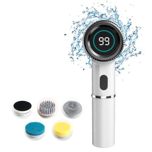 DONGKER Electric Spin Scrubber,3 Speeds Adjustment Handheld Electric Scrubber with 5 Replaceable Brush Heads for Floor Tub Tile Kitchen Car - color: Gray