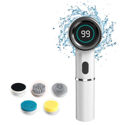 DONGKER Electric Spin Scrubber,3 Speeds Adjustment Handheld Electric Scrubber with 5 Replaceable Brush Heads for Floor Tub Tile Kitchen Car - color: Gray