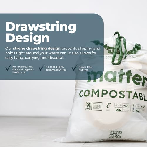 Matter Compostable 13 Gallon Tall Kitchen Trash Bags with Drawstring, Eco-Friendly, Unscented, Durable, Leak-Resistant, 60 Count - style: 13 Gallon Single Pack
