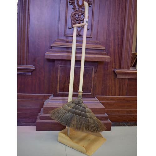 Chinese Style Dust Pan and Broom Set with Long Handled for Home, Palm Fiber Brooms and Solid Wood Dustpan Combo Set, Upright Stand Up Sweep Tool for Lobby Floor Yard Home Kitchen Office Use,A - color: A