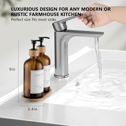 Amber Glass Soap Dispenser - Dish Hand Soap Dispenser for Kitchen Set, Soap Lotion Dispenser Bathroom with Sturdy Pump and Tray, 14 Waterproof Labels,Refillable Dispenser-Amber - color: Amber Bottle + 14 Labels + Funnel + Tray