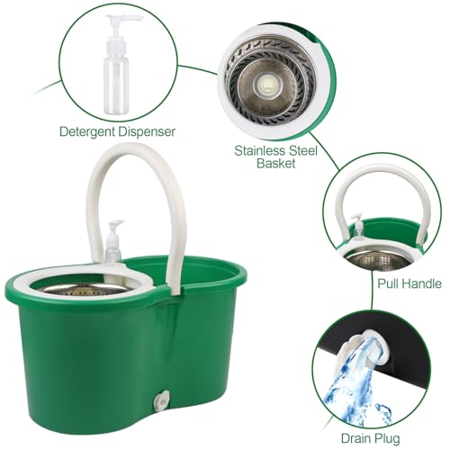 Spin Mop and Bucket with Wringer Set, 360° Rotating Head Mop Bucket System with 3 Microfiber Mop Refills Wet and Dry Suitable for Office and Home Use, Green (Green) - color: Green