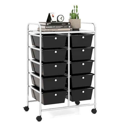 LDAILY 10 Drawer Rolling Cart, Storage Cart Organizer on Wheels, Drawer Cart with Metal Frame & Large Storage Capacity, Rolling Cart with Drawers for Living Room Classroom, Office - color: Black, size: 10 Drawer
