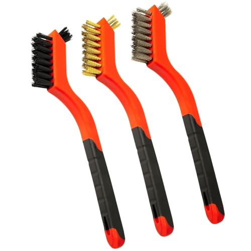 Wire Brush Set 3pcs - Nylon/Brass/Stainless Steel Bristles with Curved Handle Grip for Rust Removal, Dirt, Paint Scrubbing, Crevice Cleaning Brush for Bathroom Gap, Kitchen, Bathroom, Window, Faucets - style: Nylon/Brass/Stainless Steel