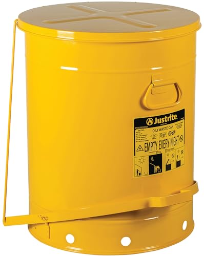 Justrite 21 Gallon Galvanized Steel Oily Waste Can, 23.5" x 18" Metal Oil Rag Safety Can with Foot Operated Self-Closing Lid for Oil Rag Disposal, Made in The USA, Yellow, 09701 - color: Yellow, size: 21 Gallon, style: Foot-Operated Lid
