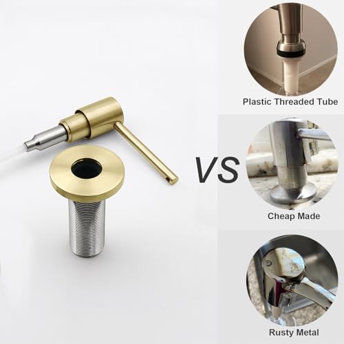 EADOT Brushed Gold All Brass Sink Soap Dispenser for Kitchen Sink Deck Mounted with 17 OZ Above The Sink Refillable PET Bottle Brass Pump Head in Counter Dish Soap Dispenser - color: Brushed Gold