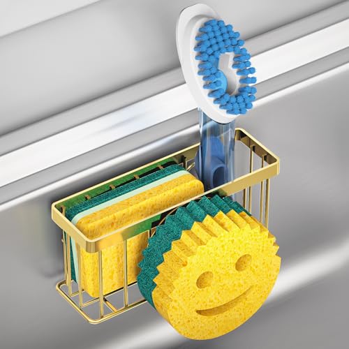 MURLONG Sponge Holder Smiley Face, Sink Caddy for Kitchen Sink, Sink Organizer Sponge Holder with 2 PCS Suction Cups/1 PCS Adhesive Strips, Designed for Sponge, Soap, Dish Brush, Scrubber-Gold - color: Gold