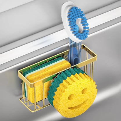 MURLONG Sponge Holder Smiley Face, Sink Caddy for Kitchen Sink, Sink Organizer Sponge Holder with 2 PCS Suction Cups/1 PCS Adhesive Strips, Designed for Sponge, Soap, Dish Brush, Scrubber-Gold - color: Gold