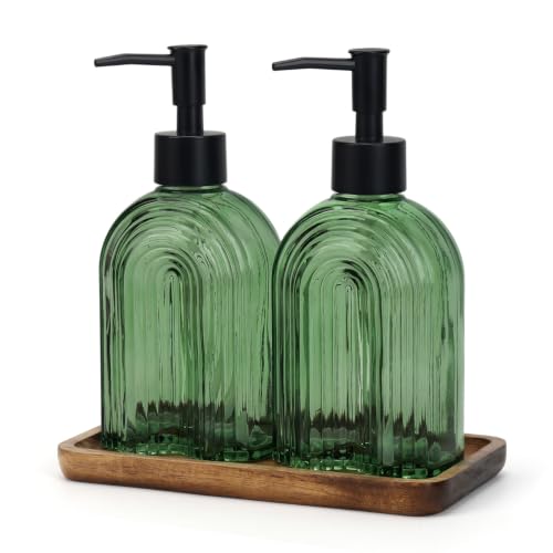 Glass Soap Dispenser Set with Wooden Tray, 11.6Oz Refillable Liquid Modern Soap Dispenser with Plastic Pump for Hand and Dish Set for Bathroom Countertop Decor (Green) - color: Green Thin Rainbow