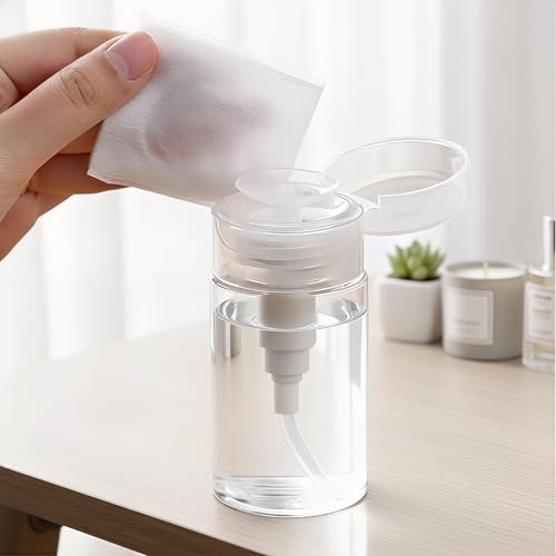 Refillable Press Pump Dispenser Bottle, Clear, Leak-Proof, Portable Reusable Travel Size for Makeup Remover, Toner, Nail Polish Remover,6.08oz(200ml)