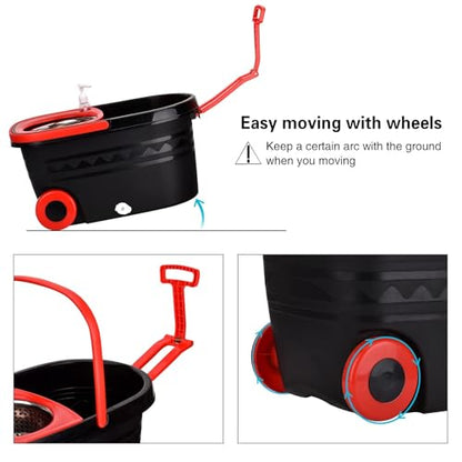 Spin Mop and Bucket with Wringer Set on Wheels, 360 Spinning Mop with Stainless Steel Handle for All Hard Surfaces, Floor Cleaning System with 3 Microfiber Replacement Heads, Black/Red - color: Black/Red