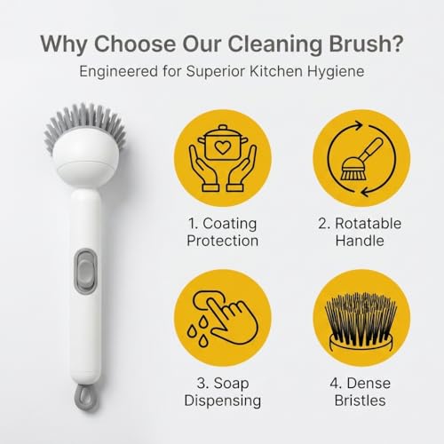 Rotatable Kitchen Cleaning Brush with Built-in Soap Dispenser for Non-Stick Pans, Stainless Steel Pots, Ceramic Cookware, Range Hood Filters, Oven Grates