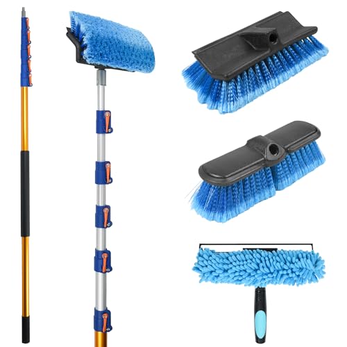 28 FT Exterior House Cleaning Brush Set with 6-21 Foot Telescoping Extension Pole, Soft Scrub Car Wash Brush, Medium Bristle Cleaning Brush and Window Squeegee & Washer - size: 21FT POLE