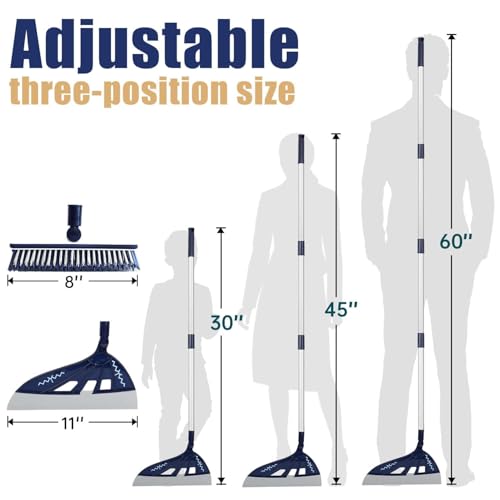 Magic Air Broom Household Silicone Broom, Multifunction Squeegee with 2 Heads - Brush and Scrape, Magic Broom Sweeper with Extra-Long Adjustable Aluminum Handle for Floor, Glass, Tile (Blue)