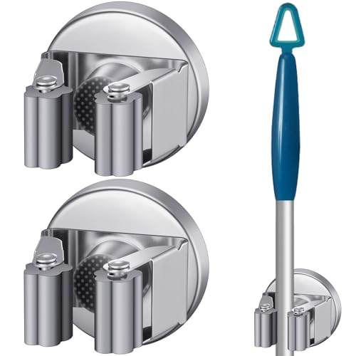 Vercraft 2 Pcs Magnetic Mop Broom Holder Movable Magnetic Broom Holder Rack, Anti Slip Wall Mounted Utility for Cleaning Tools, Garage, Kitchen, Laundry, Garden (Silver) - color: silver