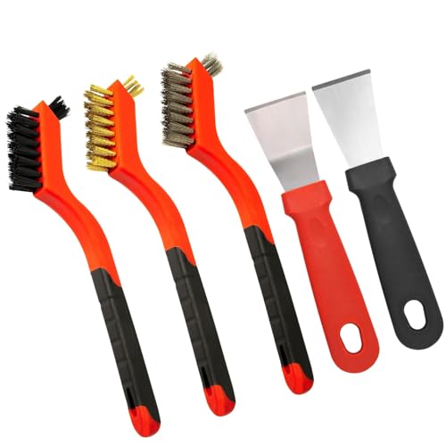 Wire Brush Set 5pcs - Nylon/Brass/Stainless Steel Bristles with Curved Handle Grip for Rust Removal, Dirt, Paint Scrubbing, Crevice Cleaning Brush for Bathroom Gap, Kitchen, Bathroom, Window, Faucets - style: Nylon/Brass/Stainless Steel/Scraper