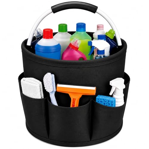 UFORU Cleaning Caddy with Handle, 17L Foldable Cleaning Supply Organizer with 6 Pockets, Portable Cleaning Products Basket, Oxford Fabric Storage Caddy for Home, Garden, Camping, Black