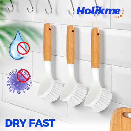 Holikme 3 Pack Dish Brush Set with Bamboo Handle, Kitchen Cleaner for Cleaning Pasta Plate, Salad Bowl, Scrubber with Soft Bristles, White - color: White