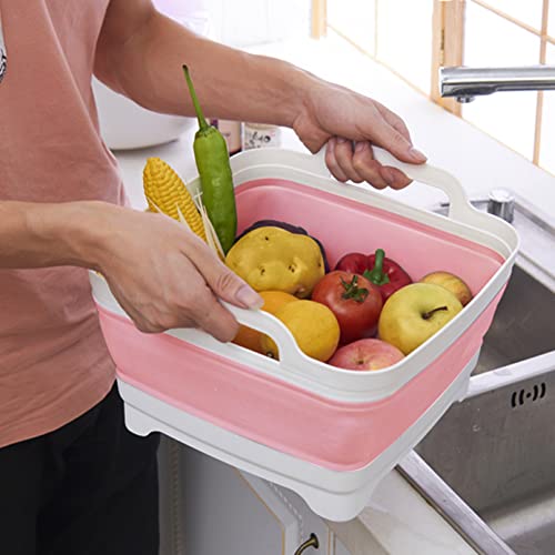 2.4 Gal(9L) Collapsible Dish Basin with Drain Plug, Space Saving Outdoor Multiuse Foldable Sink Tub, Dishpan, Kitchen Storage Tray for Camping, Vegetable Washing, RV (Pink) - color: Pink