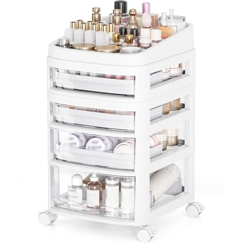 Rolling Cart with 4 Drawers, Clear Plastic Drawer Organizers, Dust Proof Under Desk Storage for Makeup, Skincare, Art Crafts and Baby Items, Acrylic Cosmetic Organizer with Dividers, Vanity Cart - size: 4 Tier