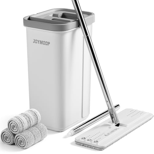 JOYMOOP Flat Mop System with Wringer Bucket, White, Microfiber Floor Cleaning Set for Wet and Dry Use, 60" Handle with 3 Reusable Pads - size: Middle Bucket #13 + 60" Flat Mop + 3 Pads