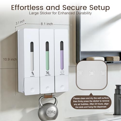 3 Chamber Shampoo and Conditioner Dispenser, No Drill - Wall Mounted Shower Soap Dispenser, Refillable Body Wash Dispenser Set 3, 1200ML Capacity, for Bathroom & Hotel, White - color: White Set of 3