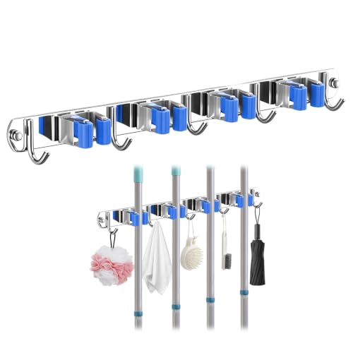 Upgrade Broom Holder Wall Mount, 304 Stainless Steel Mop & Broom Storage Organizer with Hooks, Self-Adhesive or Screw Install for Bathroom Garage Kitchen (blue, 4 Racks and 5 Hooks) - color: blue, size: 4 Racks and 5 Hooks
