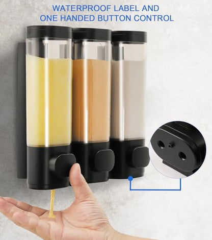 Shower Soap Dispenser Wall Mounted Shampoo and Conditioner Dispenser No Drill 3 Chamber Large Capacity for Bathroom Hotel, Black - color: Black