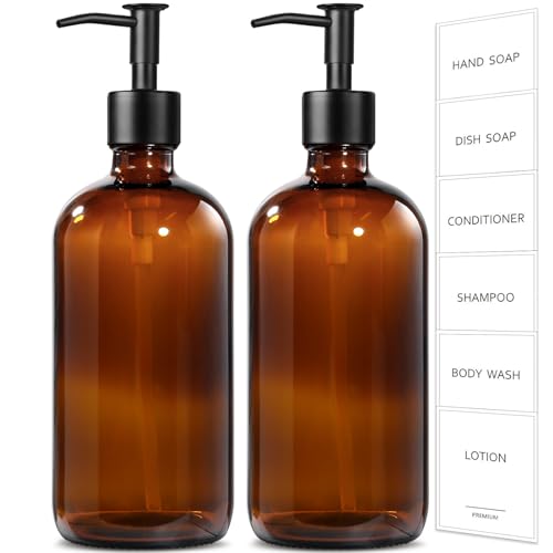 GMISUN Amber Glass Soap Dispenser, 2 Pack Bathroom Hand Soap Dispensers with Stainless Steel Pump, 17 Fl Oz Kitchen Hand and Dish Soap Dispenser Set, Modern Vintage Liquid Brown Soap Dispensers Bottle - color: Amber Bottle + Black Long Pump, size: 2 Pack