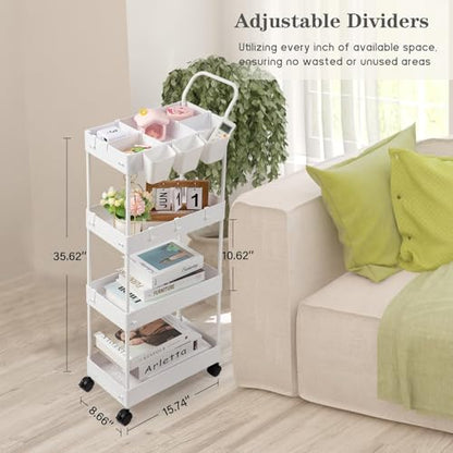 danpinera Storage Cart, 4 Tier Narrow Rolling Storage with Wheels & Dividers, Bathroom Organizer Slim Laundry Cart with Handle Hanging Cups Hooks, White - style: 4 Tier White