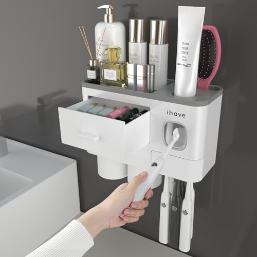 iHave Toothbrush Holders for Bathrooms, 2 Cups Toothbrush Holder Wall Mounted with Toothpaste Dispenser - Large Capacity Tray, Cosmetic Drawer - Bathroom Decor & Bathroom Accessories - color: White, size: 2 cup