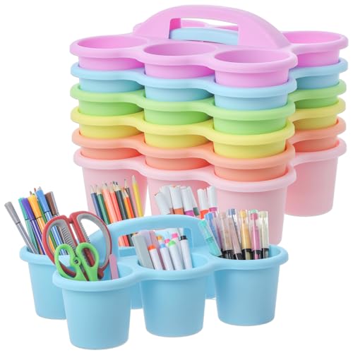 6 Pack Classroom Caddy Organizer with Handle Pastel Plastic Table Caddy Drink Cup Caddies Holder 12x9x3.5 Inches Storage School Supplies 6 Compartments for Table Crayon Pencil Cup Marker Craft - color: Pastel