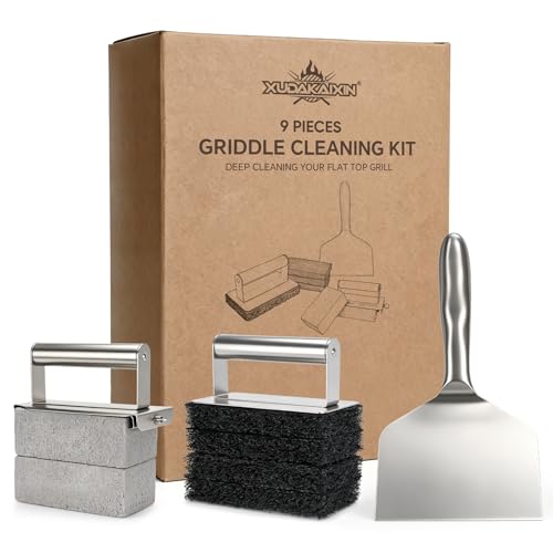 XUDAKAIXIN Premium Griddle Cleaning Kit for Blackstone, Flat Top Grill Cleaning Kit with Grill Brick, Scouring Pads & Scraper – Easy to Remove Grease and Residue