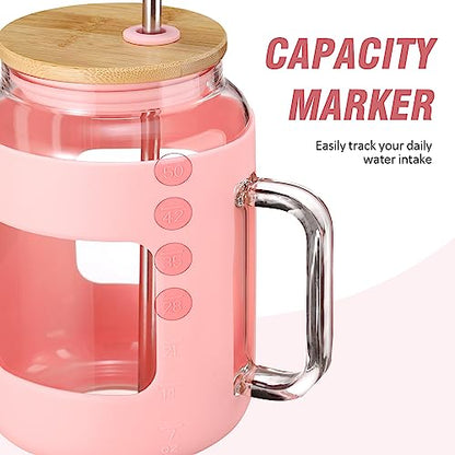 WINSA 50 oz Glass Water Bottles with Silicone Sleeve,Glass Tumbler with Lid and Straw,Iced Coffee Cup with Handle,BPA Free-Pink - color: Pink